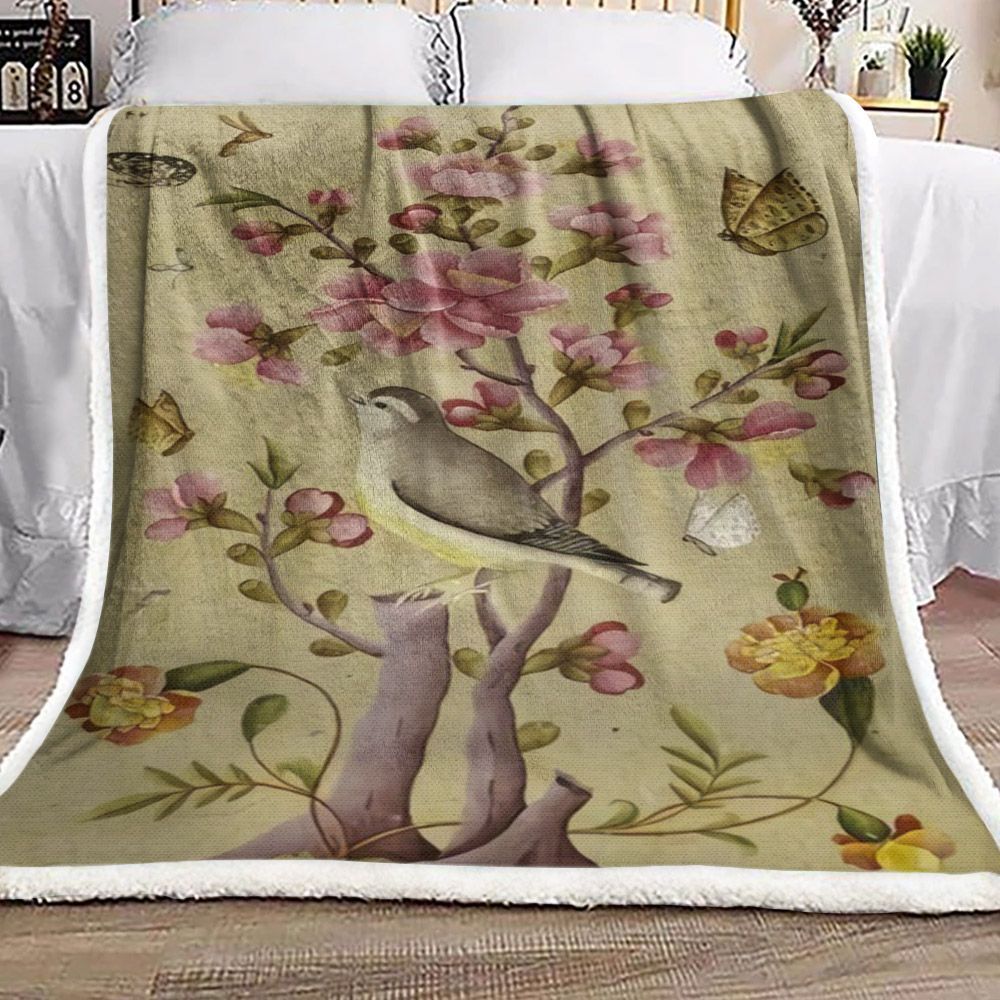Bird Butterfly Flower Sherpa Fleece Blanket