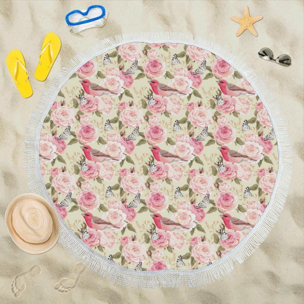 Bird Butterfly Pink Flower Print Pattern Round Beach Towel