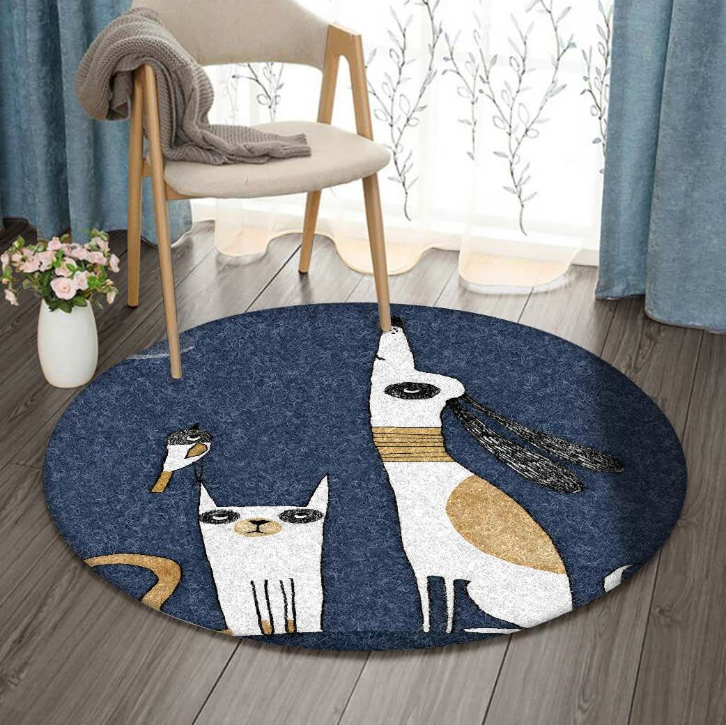 Bird Cat Dog In Moon Night Round Carpet