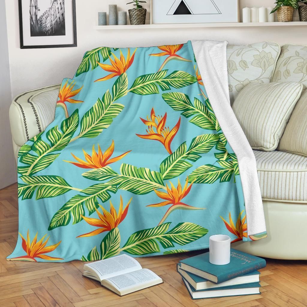 Bird Of Paradise And Palm Leaves Pattern Print Design Fleece Blanket