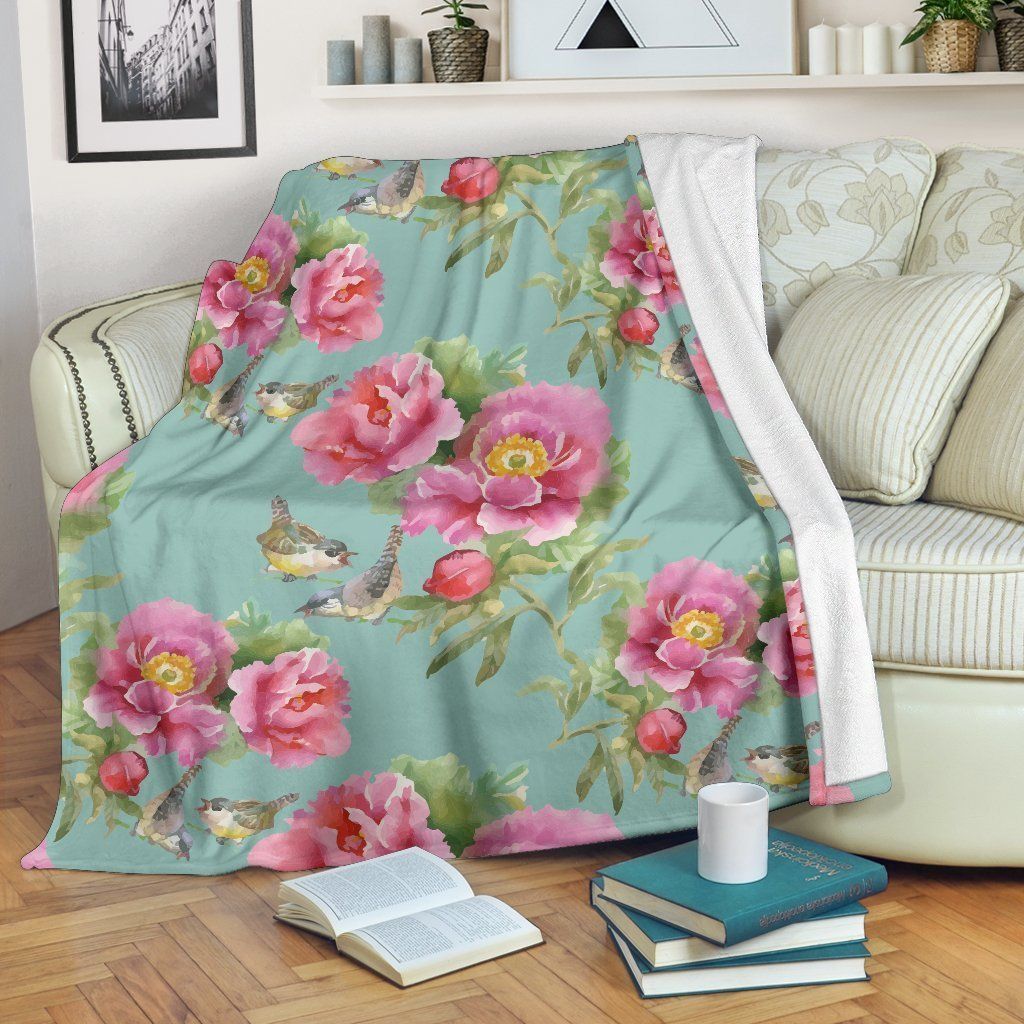 Bird Pink Floral Flower Sherpa Fleece Blanket