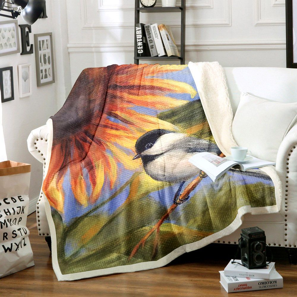 Bird Sunflower Sherpa Fleece Blanket