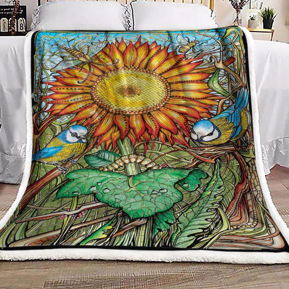 Bird Sunflower Sherpa Fleece Blanket