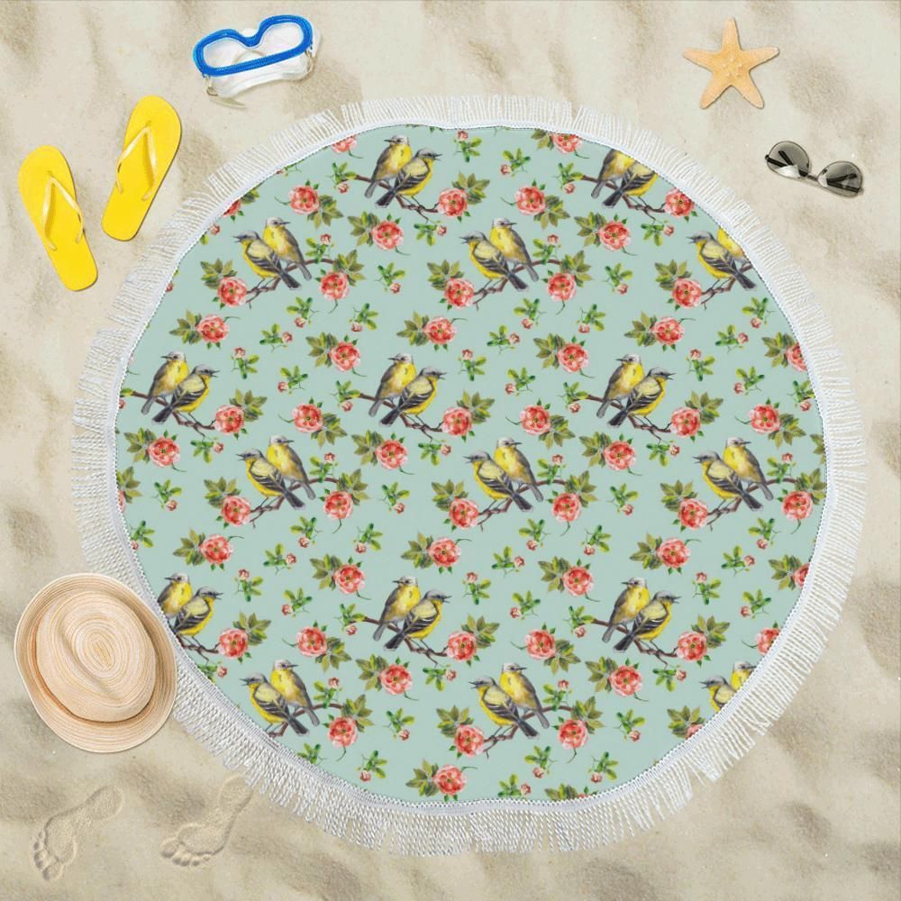 Bird With Red Flower Print Pattern Round Beach Towel