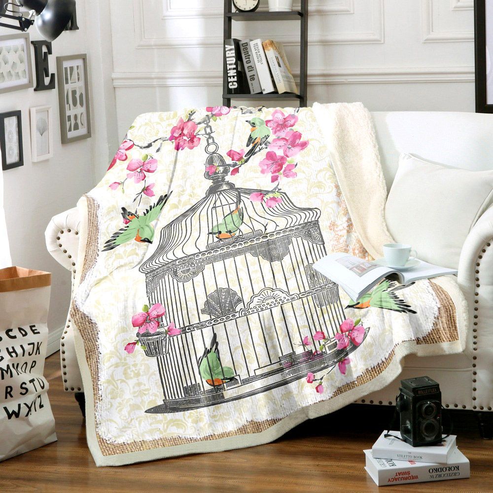 Birdcage With Cherry Blossoms Sherpa Fleece Blanket
