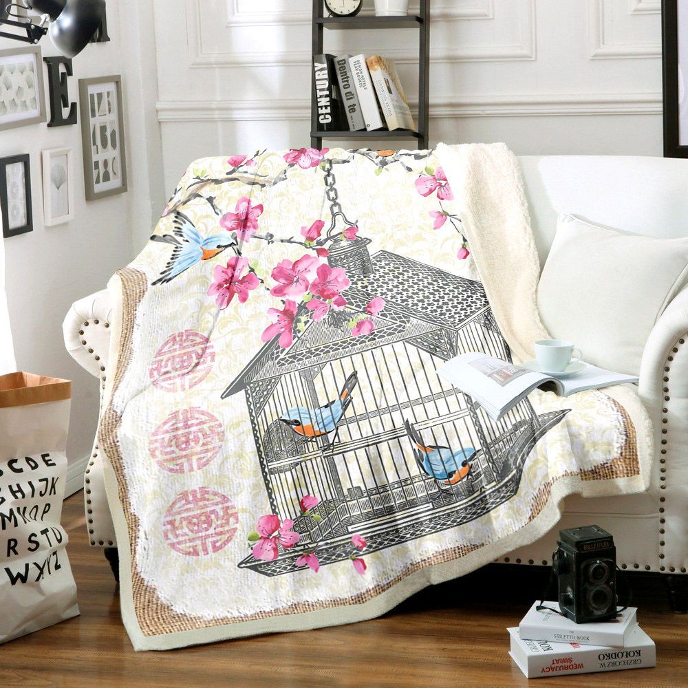Birdcage With Cherry Blossoms Sherpa Fleece Blanket