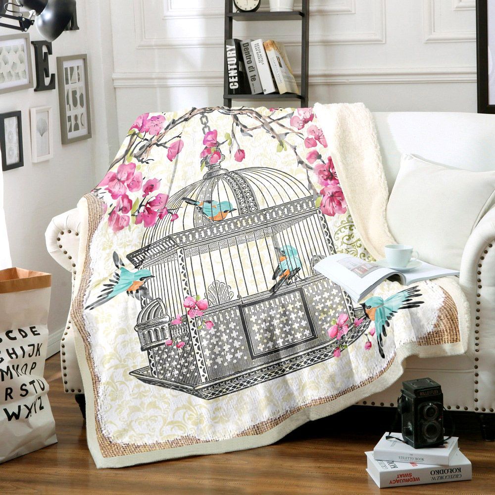 Birdcage With Cherry Blossoms Sherpa Fleece Blanket