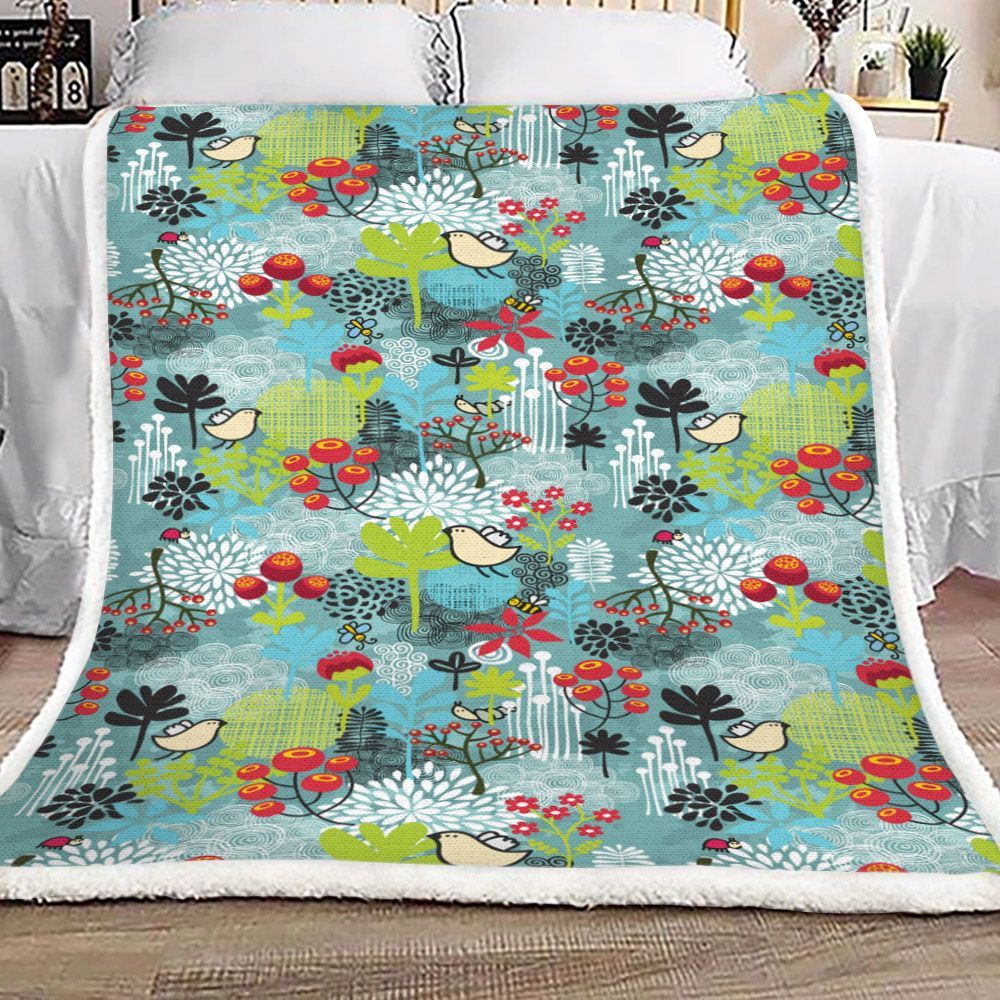 Birds And Flowers Sherpa Fleece Blanket