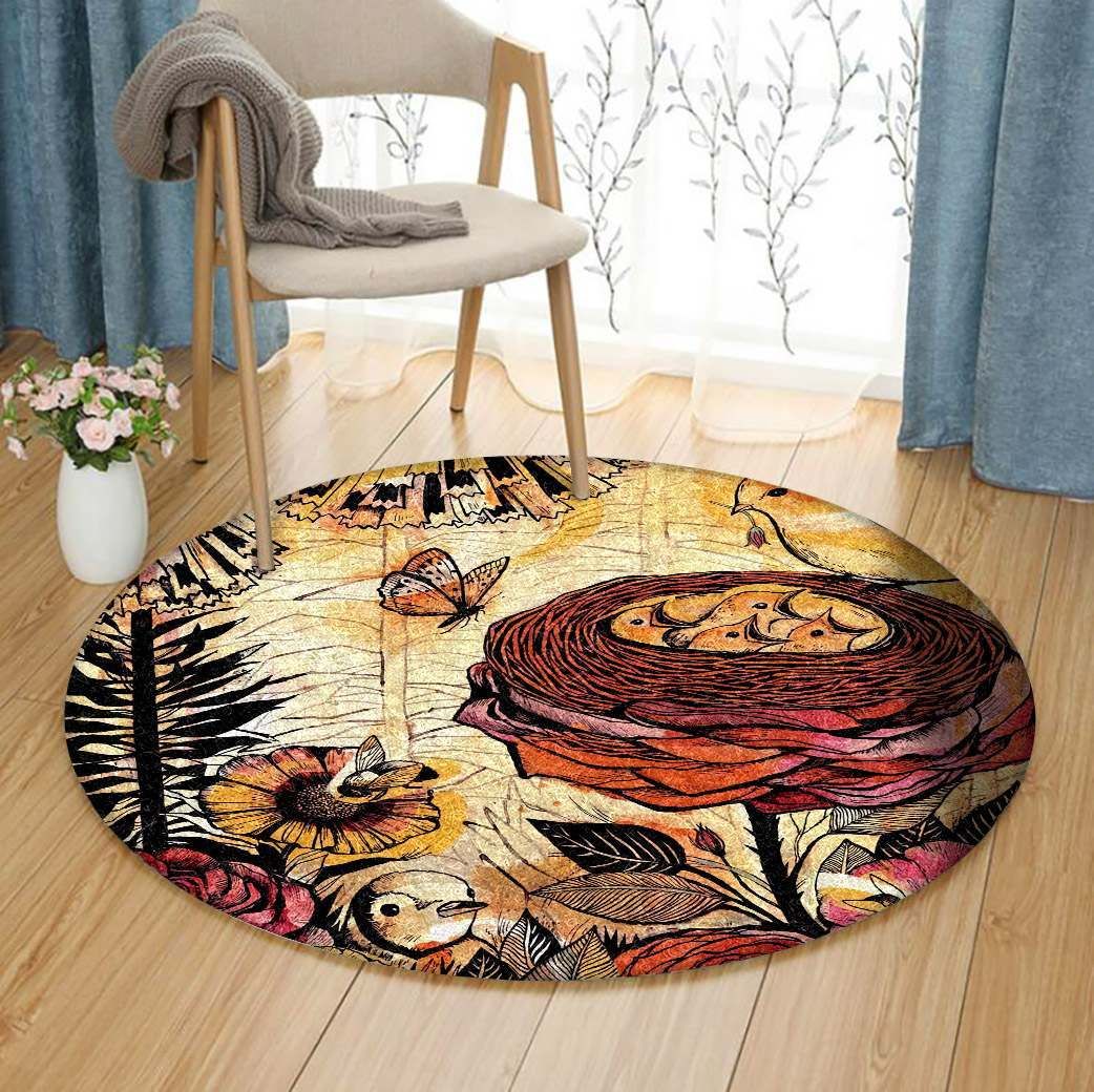 Birds And Flowers Round Carpet
