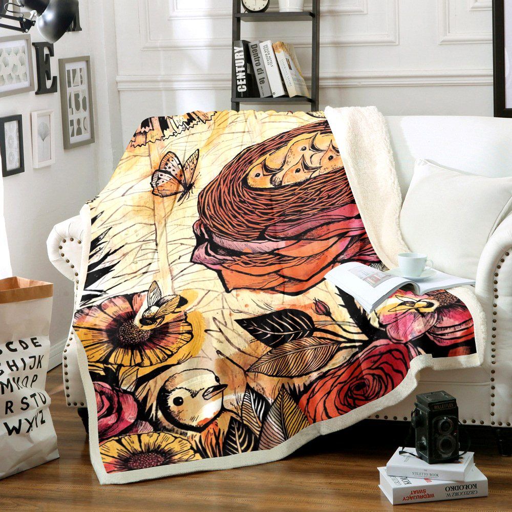 Birds And Flowers Sherpa Fleece Blanket