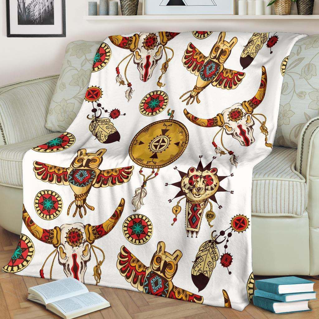Bison Owl Feather Native American Sherpa Fleece Blanket