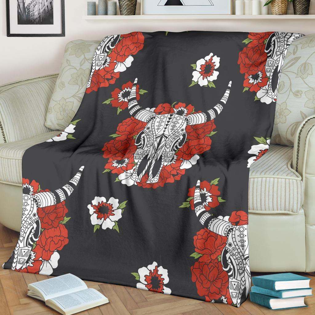 Bison Red Rose Native American Sherpa Fleece Blanket