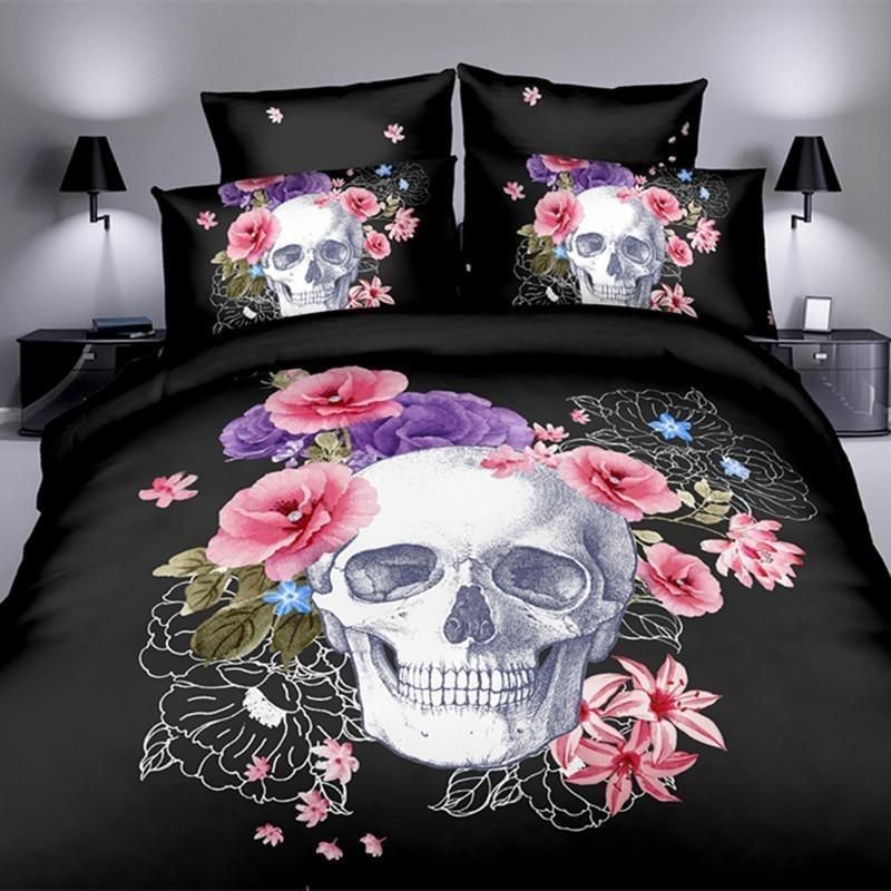 Black 3D Skull Flowers Bedding Set