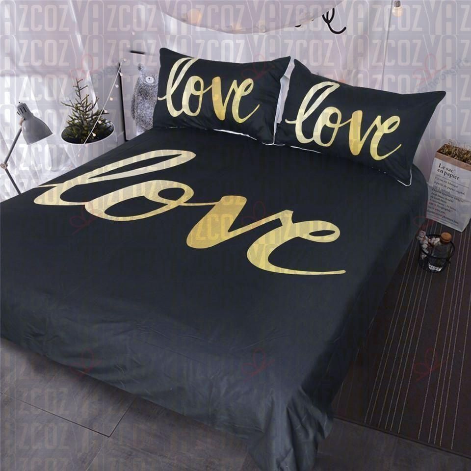 Black And Gold Love Printed Bedding Set