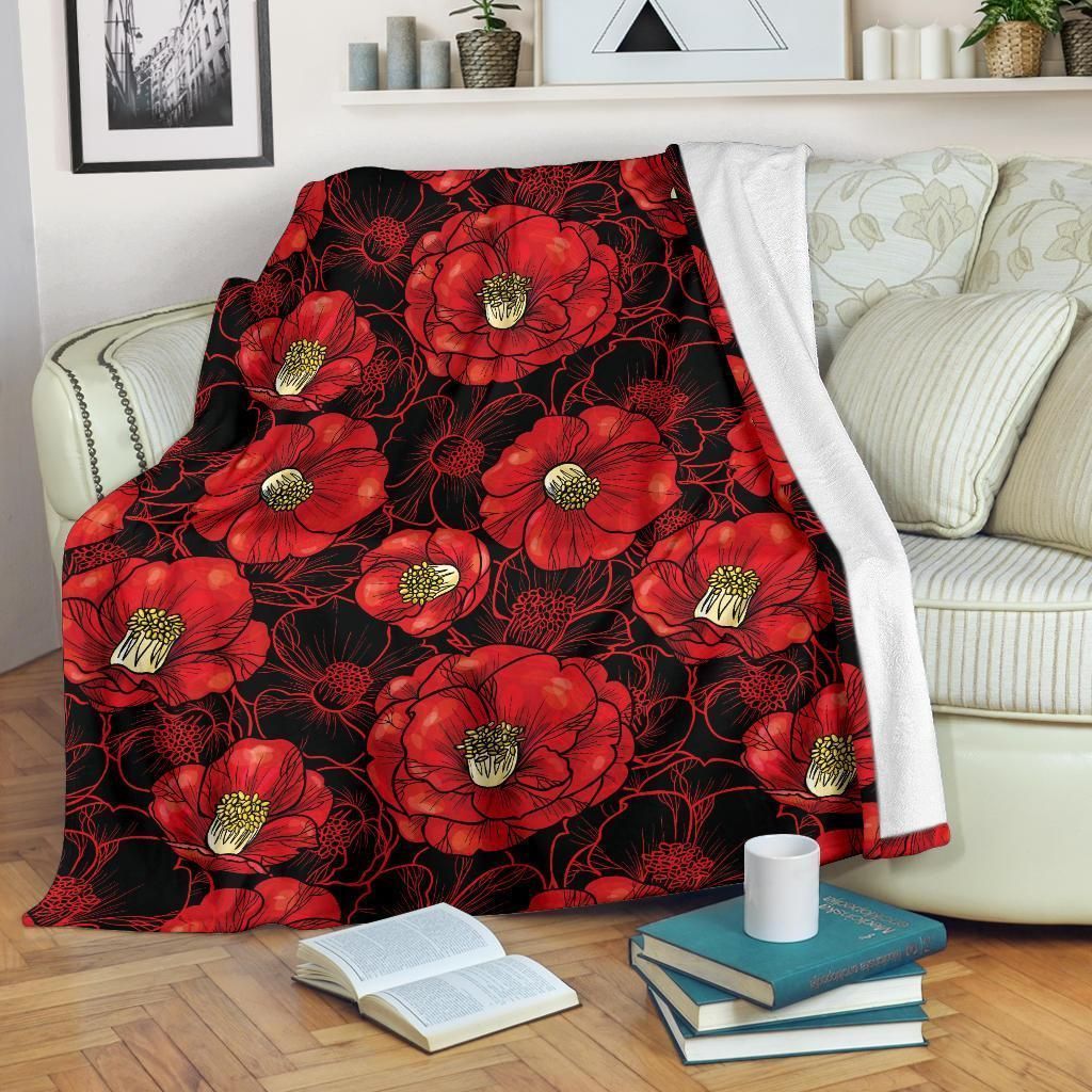Black And Red Camellia Pattern Print Designfleece Blanket