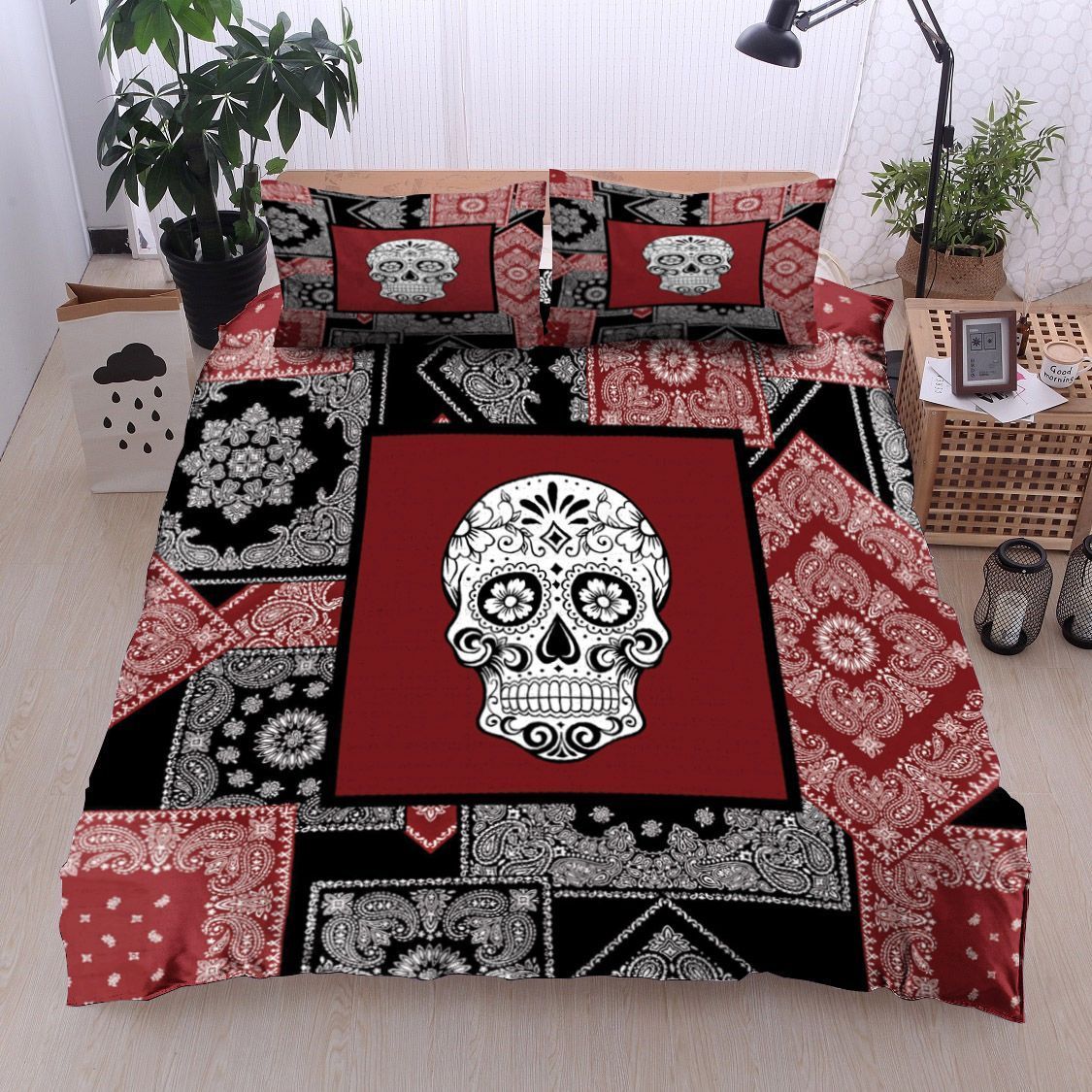Black And Red Sugar Skull Bedding Set