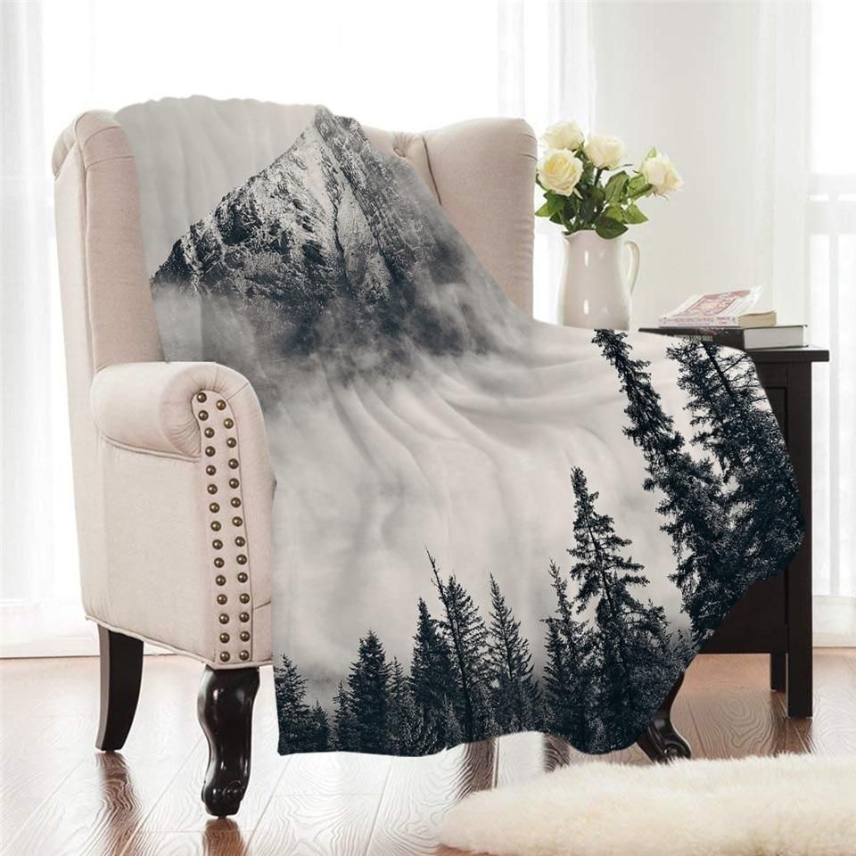 Black And White Cloudy Mountain Forest Printed Fleece Blanket