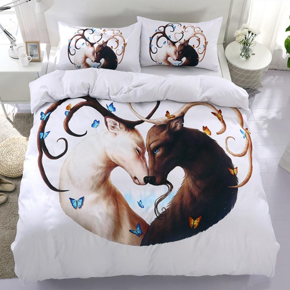 Black And White Deers Butterflies Bedding Set