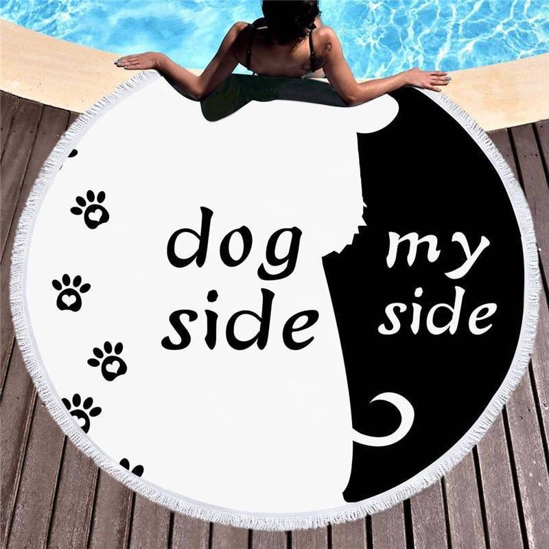 Black And White Dog Side And My Side Round Beach Towel