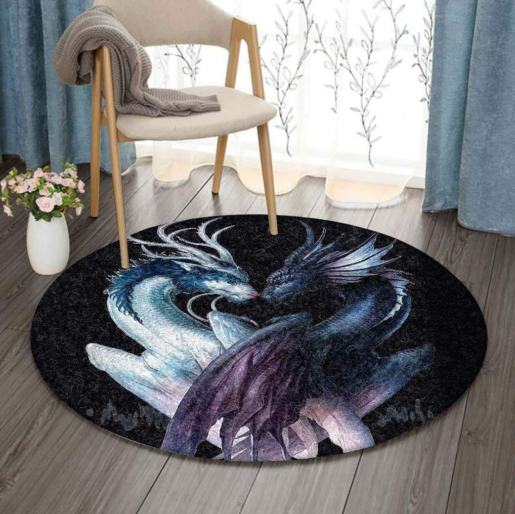 Black And White Dragon Round Carpet