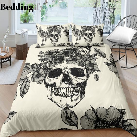 Black And White Floral Skull Bedding Set