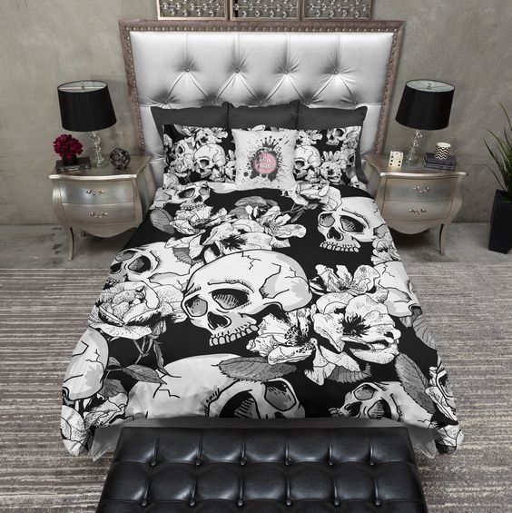 Black And White Flower Skull Bedding Set