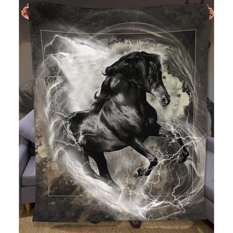 Black And White Horse Running Printed Fleece Blanket
