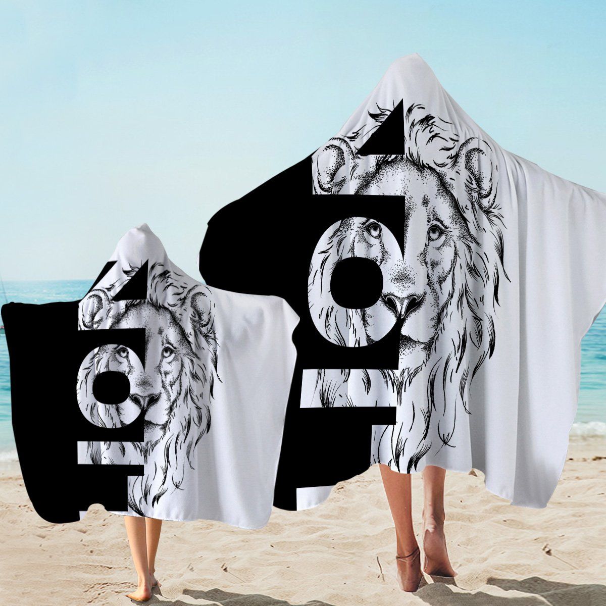 Black And White Lion Printed Hooded Towel