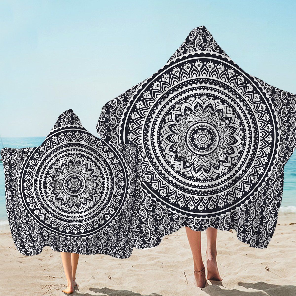 Black And White Mandala Wheel Printed Hooded Towel