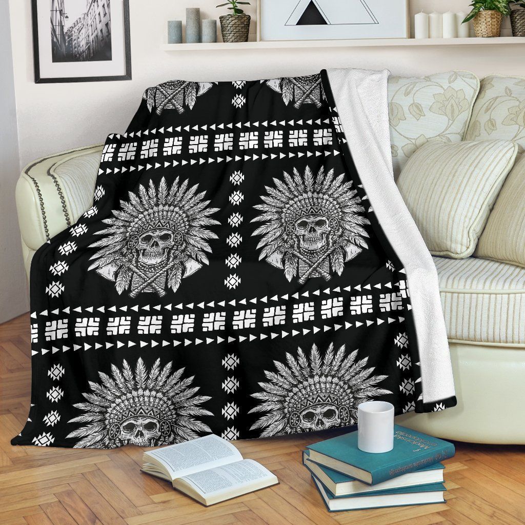 Black And White Native American Indian Skull Fleece Blanket
