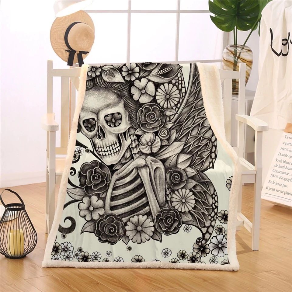 Black And White Skeleton Butterfly Rose Sherpa Fleece Blanket