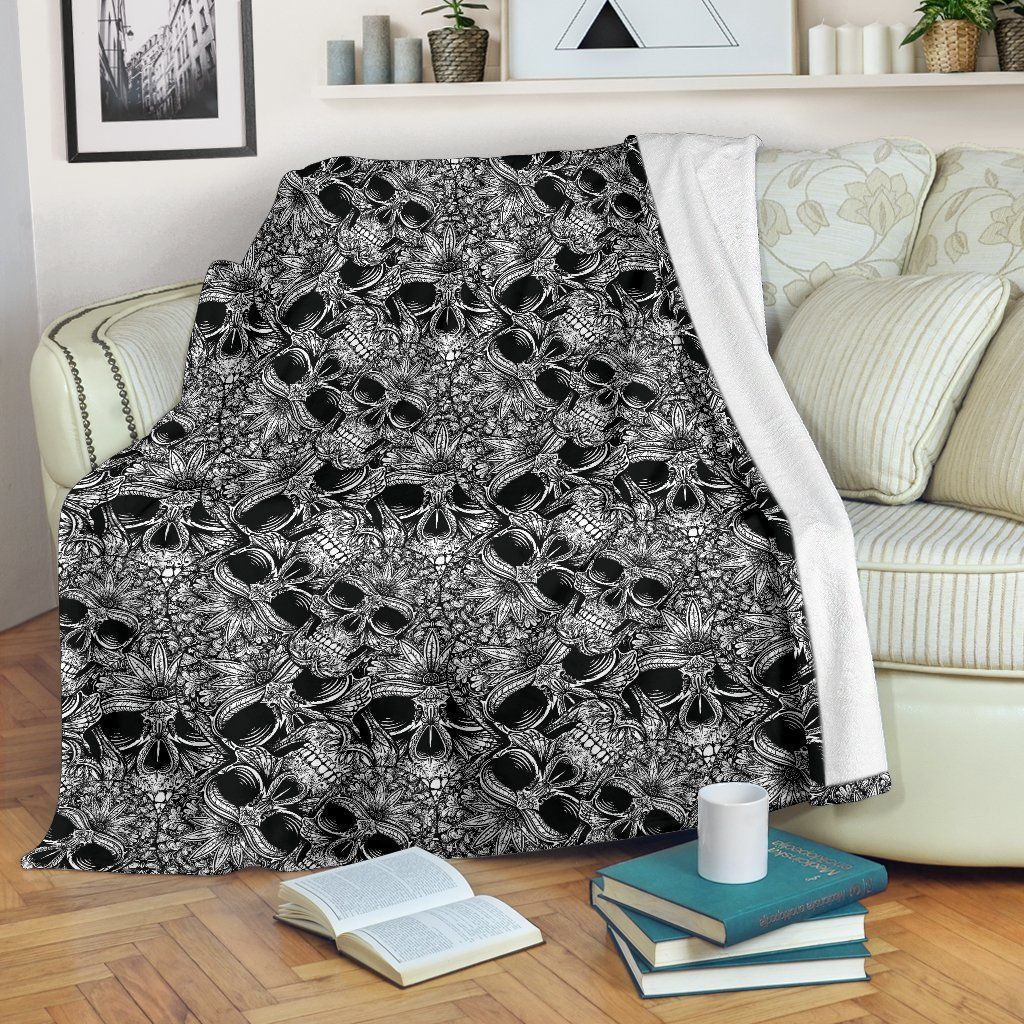 Black And White Skull Tattoo Design Print Fleece Blanket