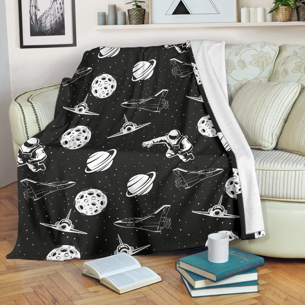 Black And White Space Astronauts Print Fleece Blanket