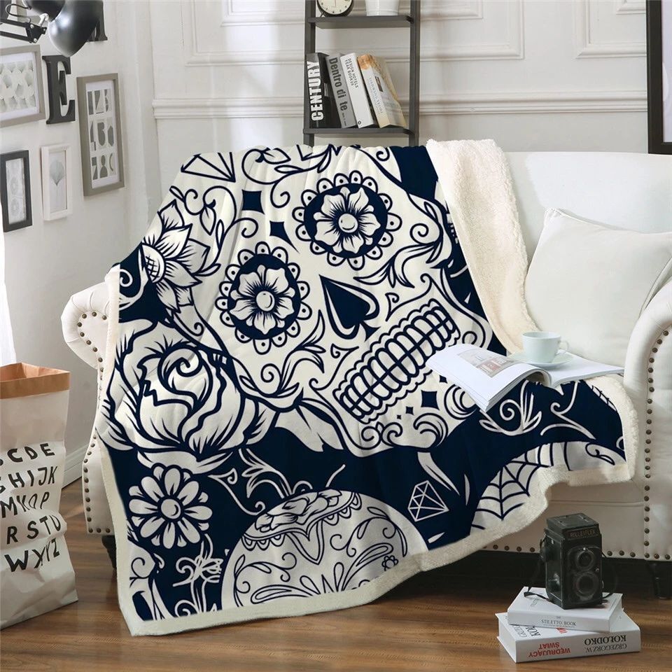 Black And White Sugar Skull Sherpa Fleece Blanket