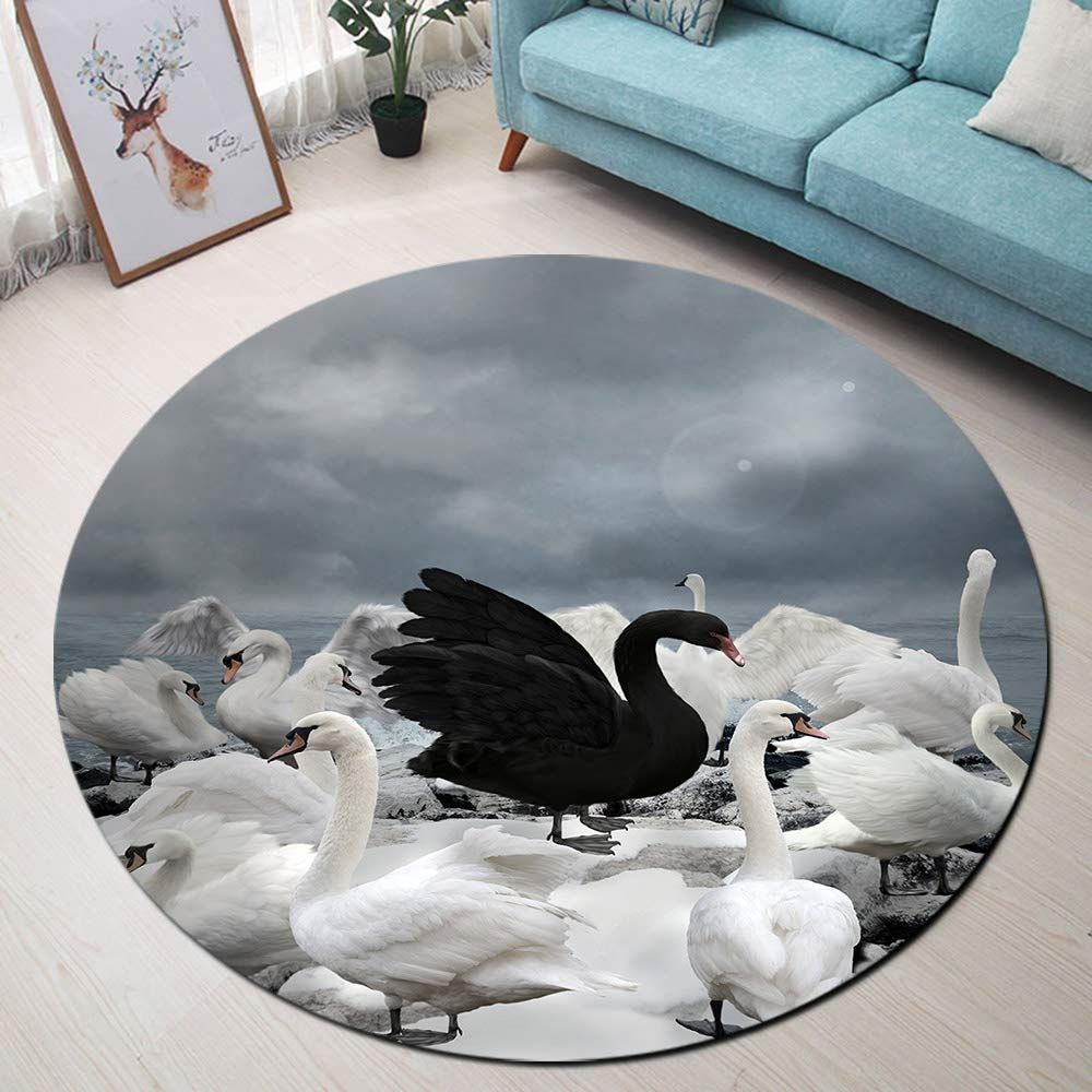 Black And White Swans Round Carpet