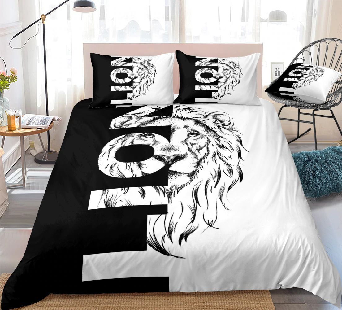 Black And White Theme Lion Portrait 3D Printed Bedding Set