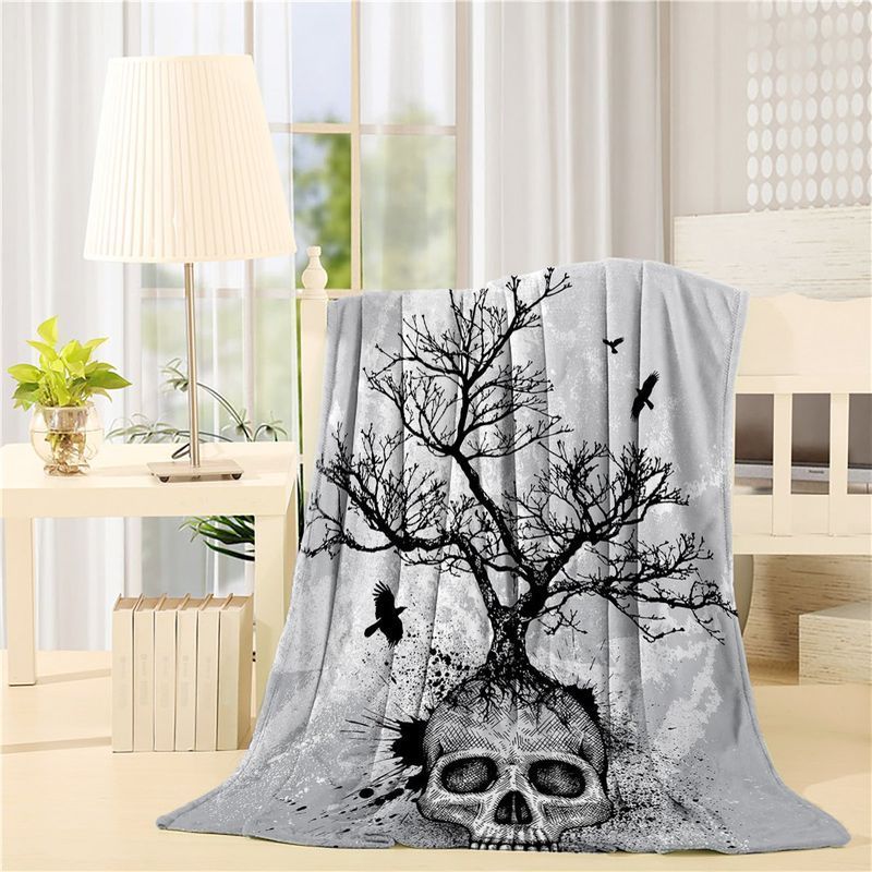 Black And White Tree Skull Sherpa Fleece Blanket