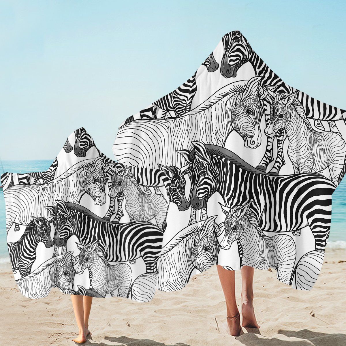 Black And White Zebra Sketch Printed Hooded Towel