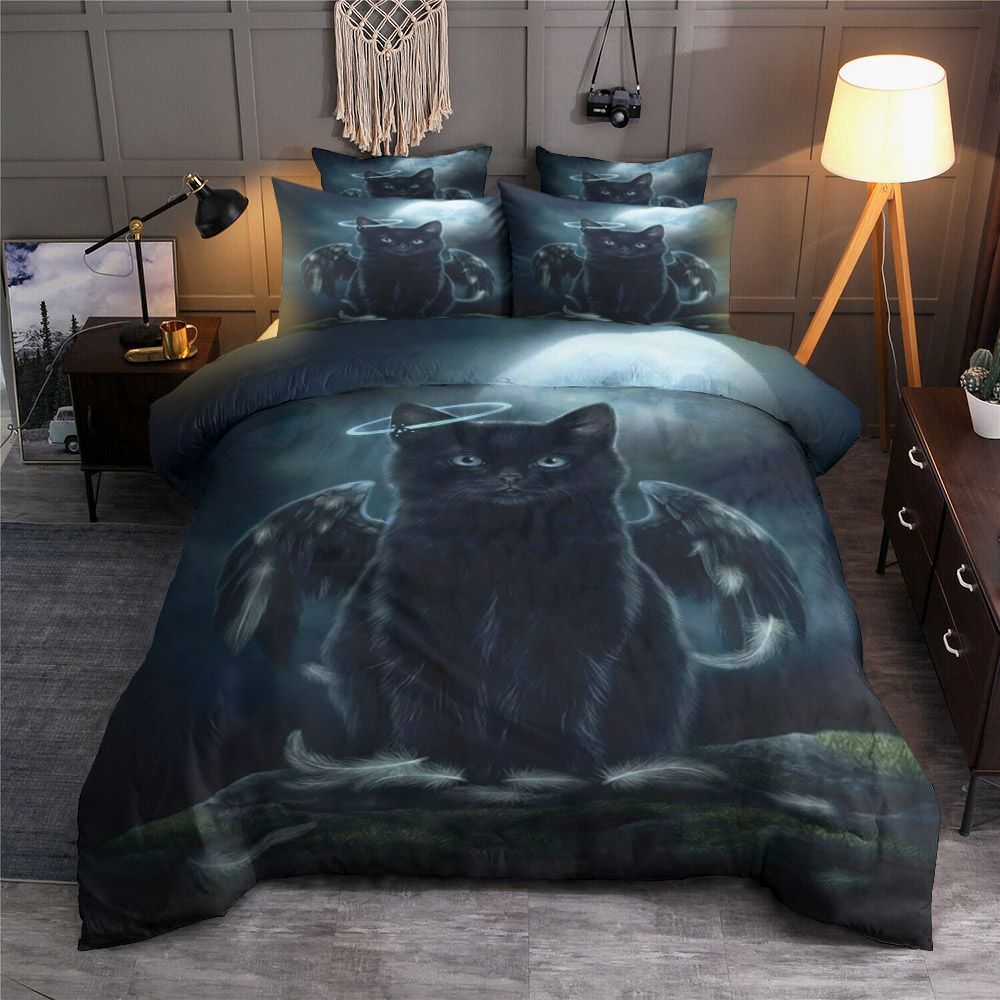 Black Angel Cat And The Moon Bedding Set