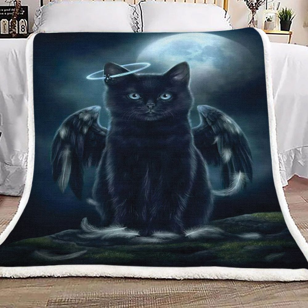 Black Angel Cat And The Moon Sherpa Fleece Blanket