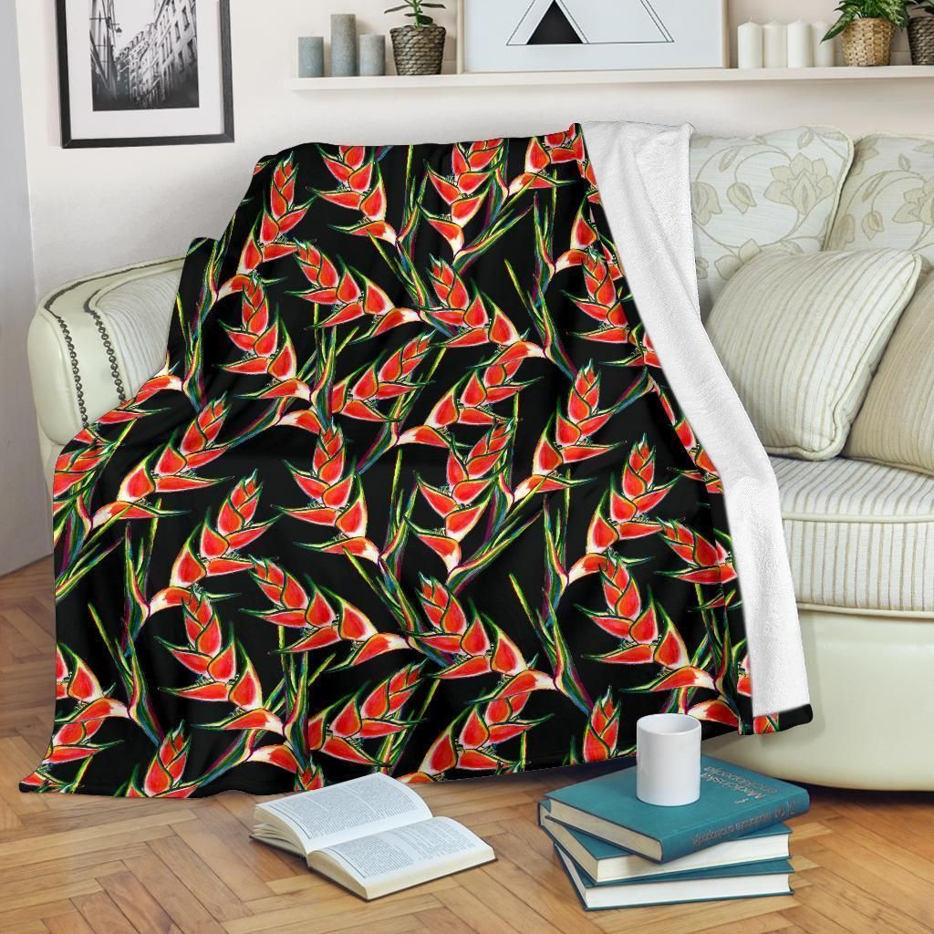 Black Background Heliconia Pattern Print Design Fleece Blanket