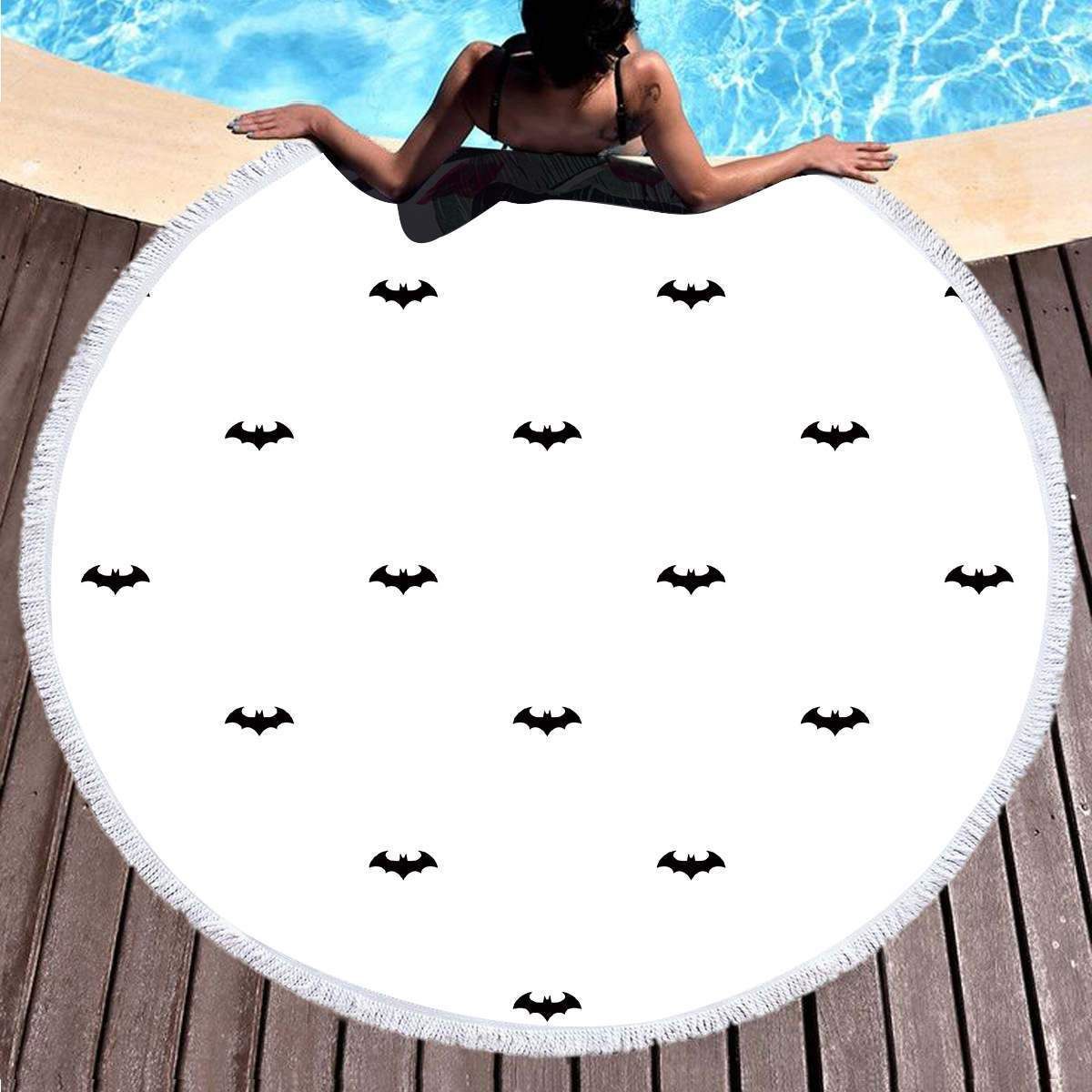 Black Bats White Backdrop Pattern Round Beach Towel