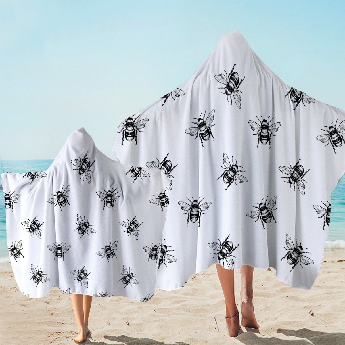 Black Bee Patterns White Printed Hooded Towel