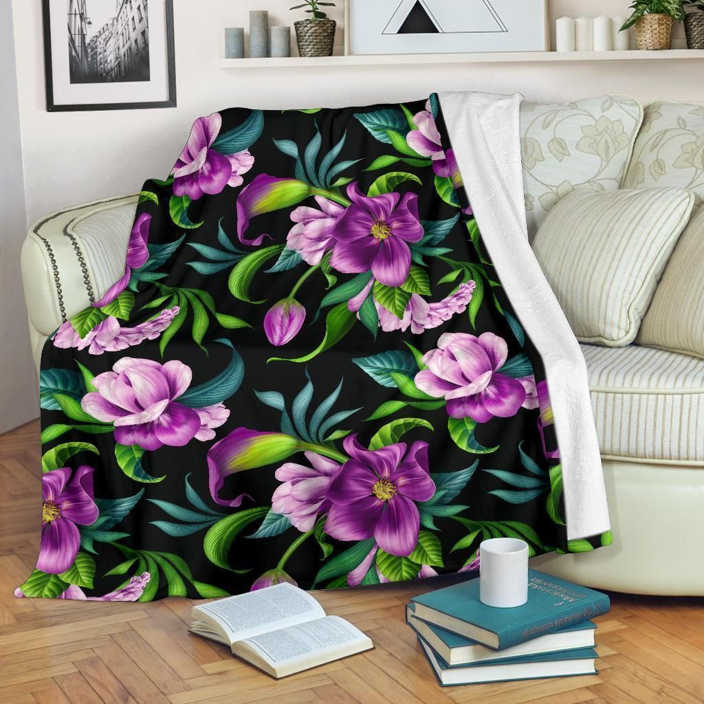 Black Bright Purple Floral Pattern Fleece Blanket