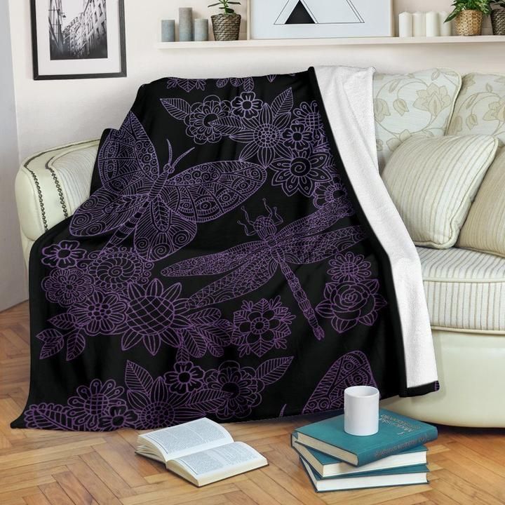Black Butterfly Dragonfly Sherpa Fleece Blanket