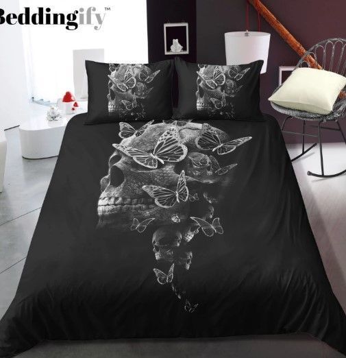 Black Butterfly Skull Bedding Set