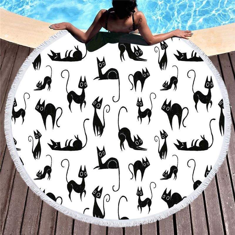 Black Cartoon Cats White Backdrop Printed Round Beach Towel