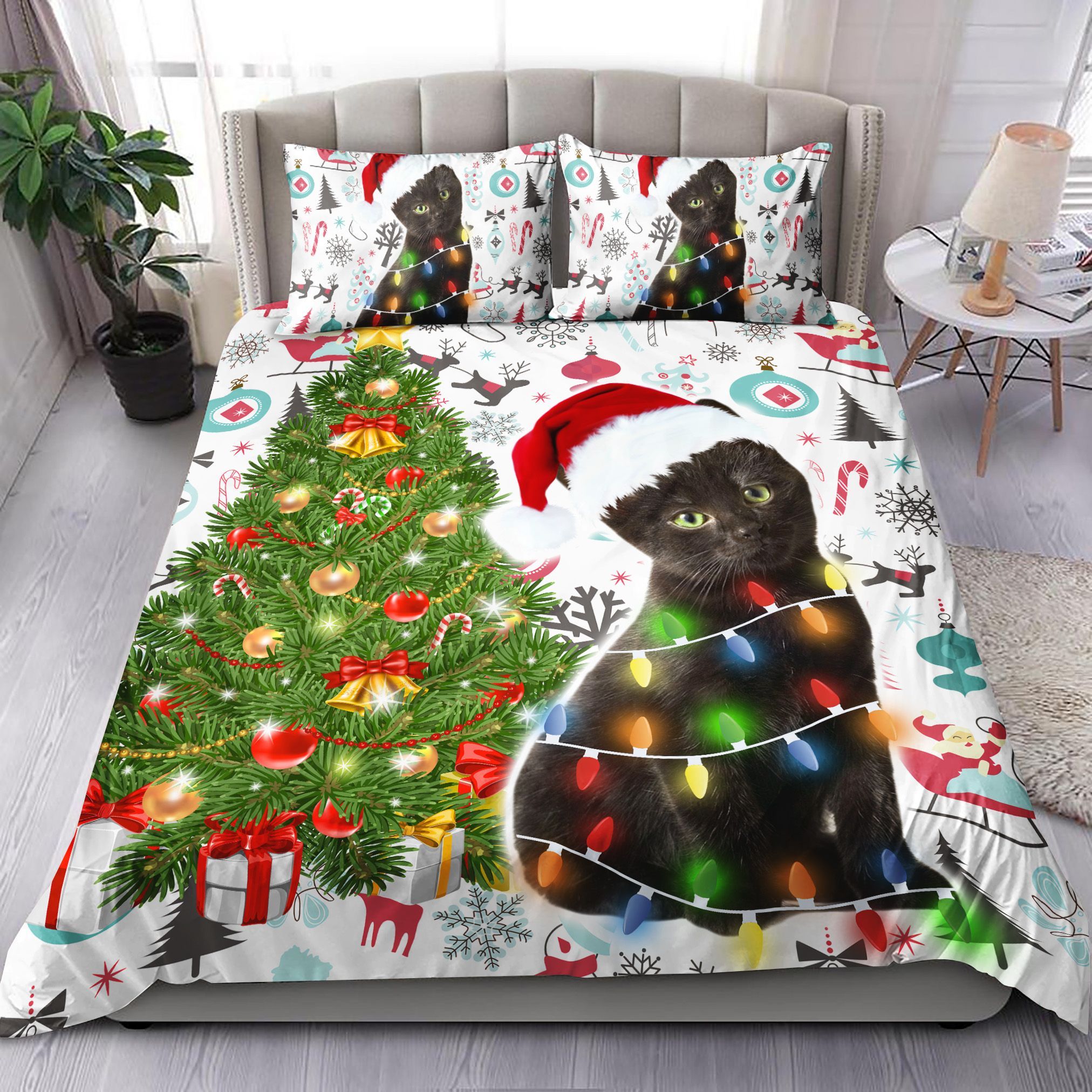 Black Cat And Christmas Bedding Set