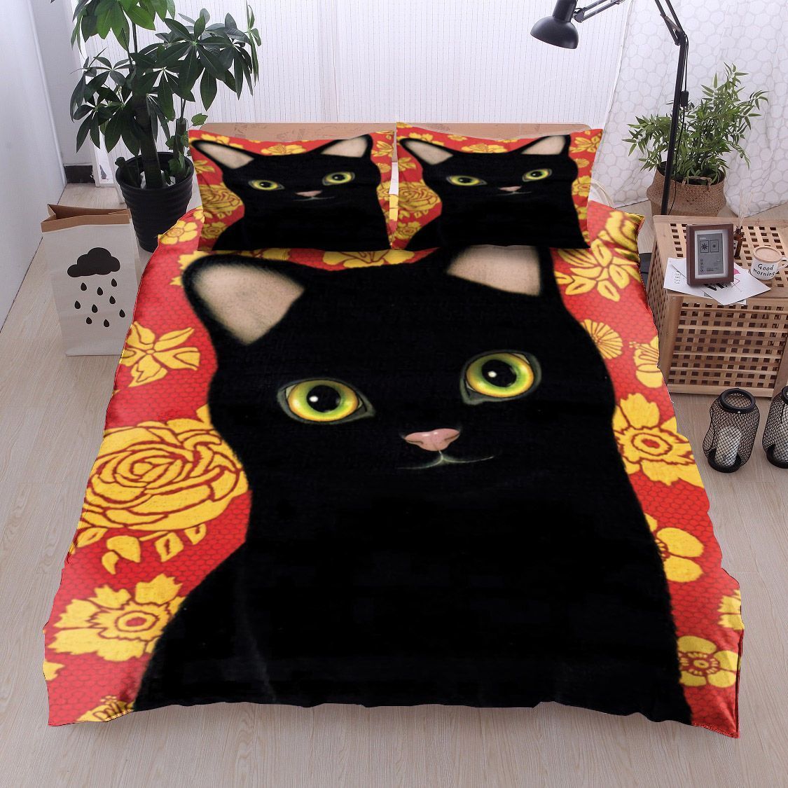 Black Cat And Floral Bedding Set
