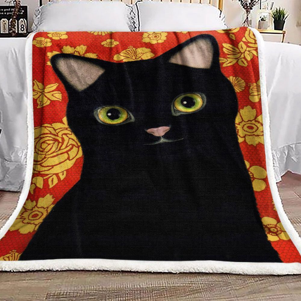 Black Cat And Floral Sherpa Fleece Blanket